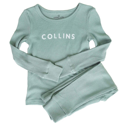 personalized two piece pajamas for kids made of bamboo blue green