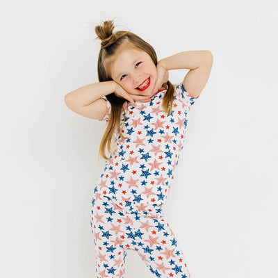 fourth of july red white and blue stars two piece pajama set for kids 