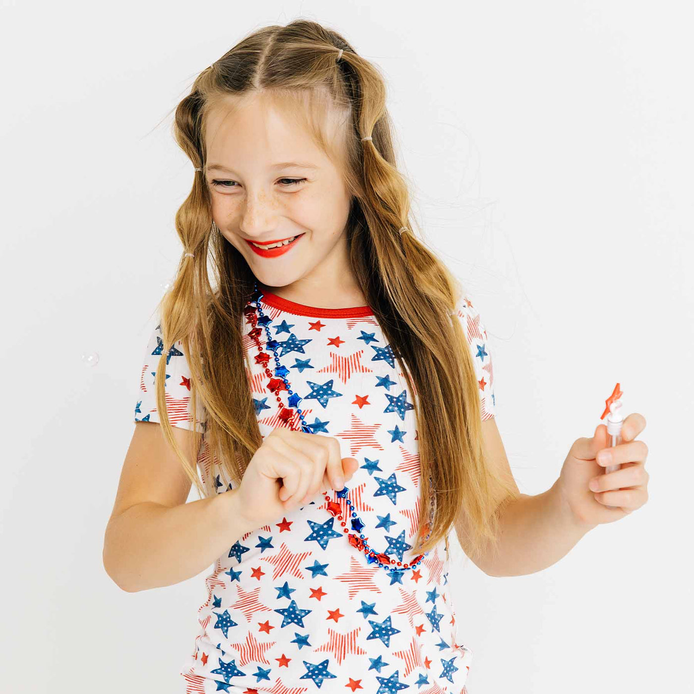 white bamboo pajamas with fourth of july stars 