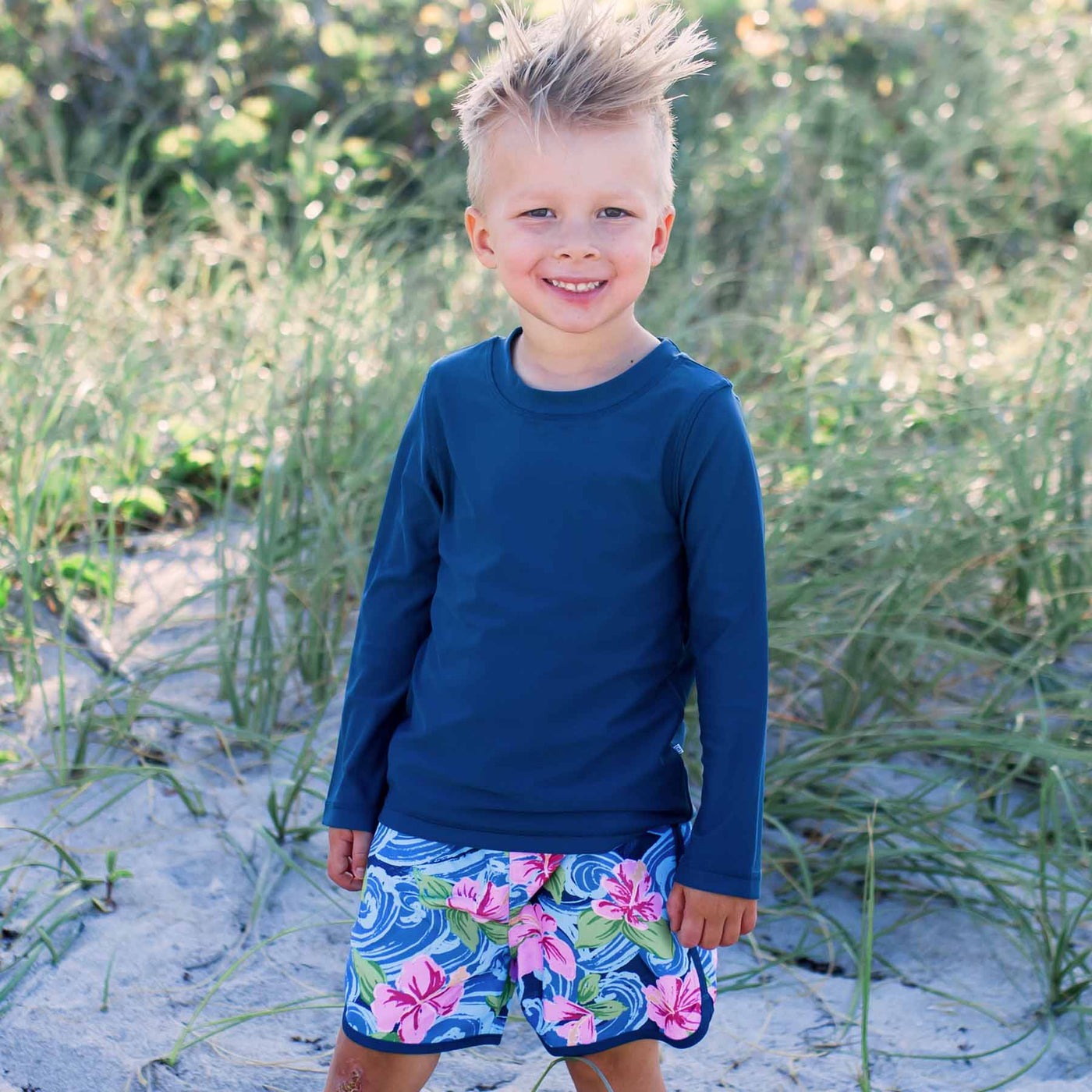 ocean and hibiscus swim trunks for boys