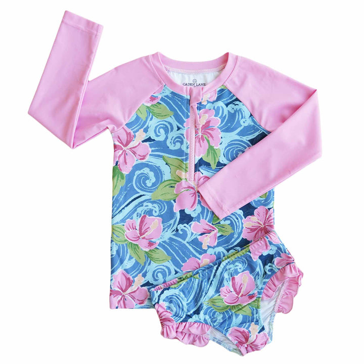 tropical themed two piece rash guard swimsuit for girls 