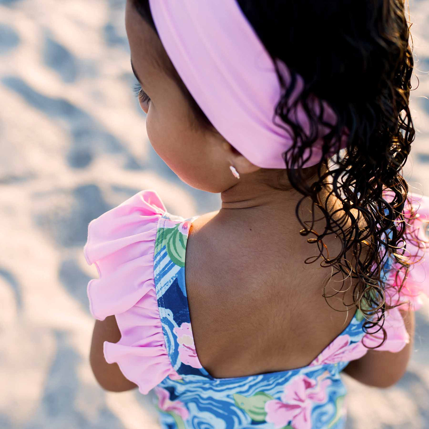 toddler one piece swimsuit with hibiscus and ocean waves
