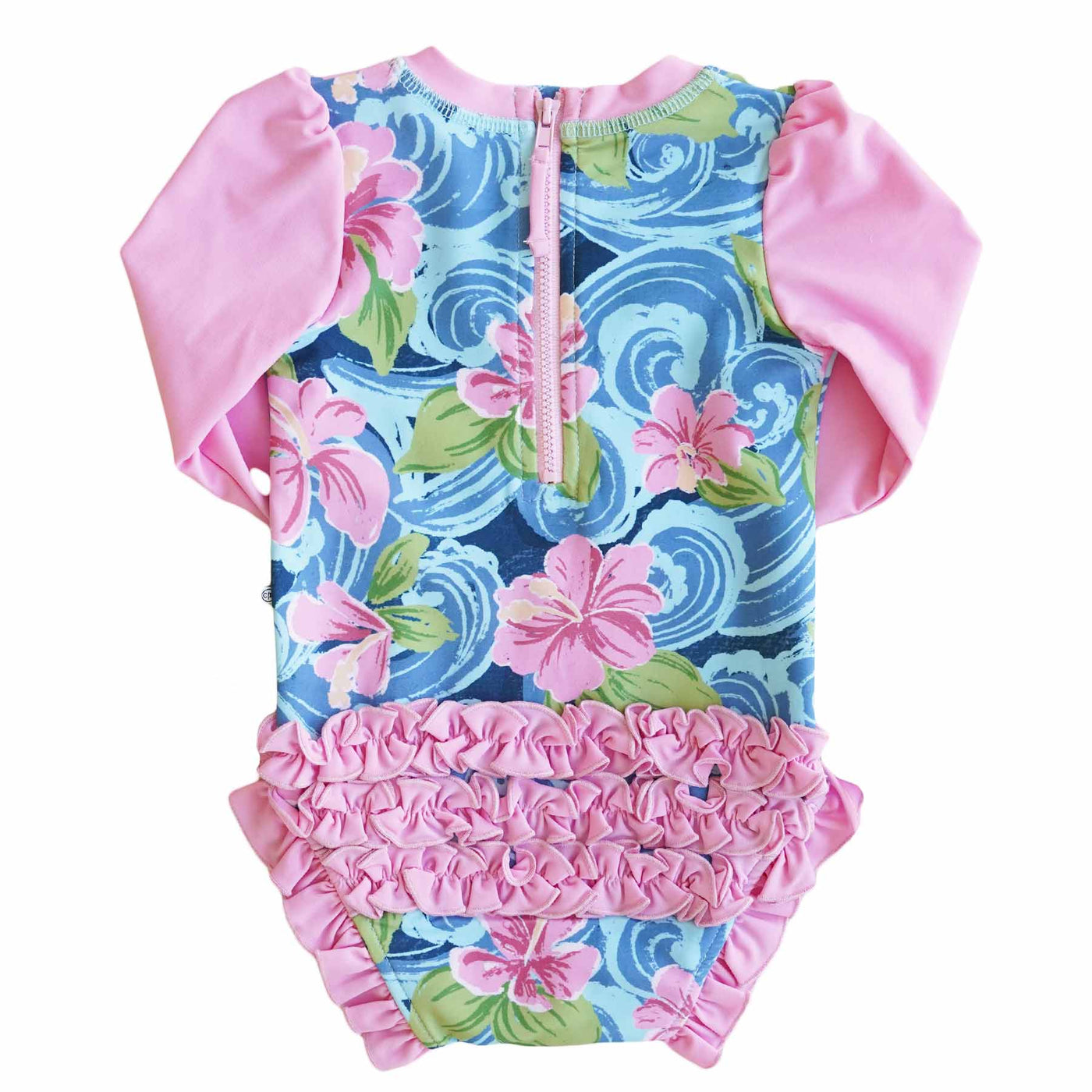 baby rash guard swimsuit with ruffles on the bottom waves and hibiscus 
