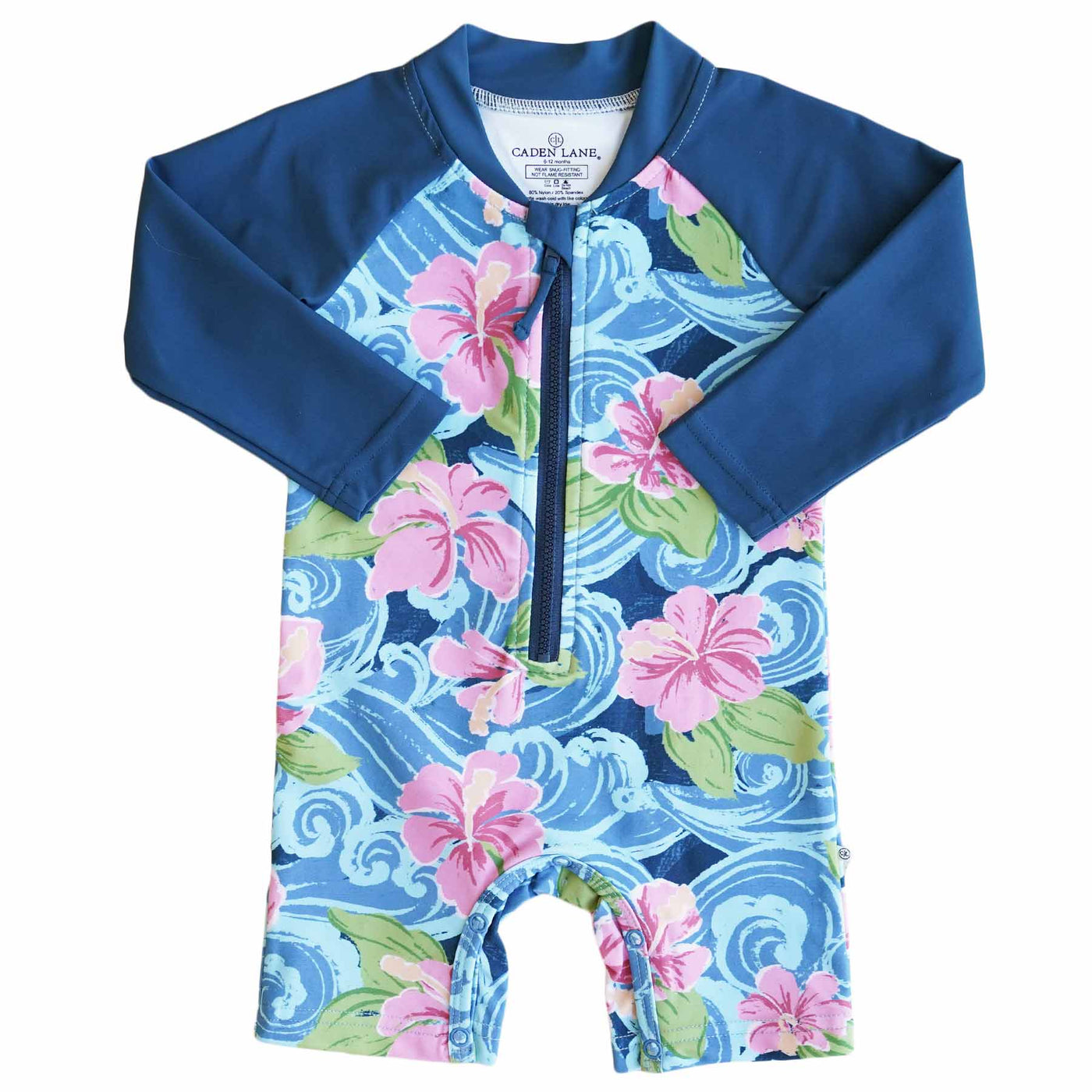 shortie rash guard romper for babies with waves and hibiscus 