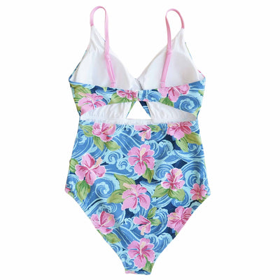 upf 50+ one piece swimsuit for women with hibiscus and waves 