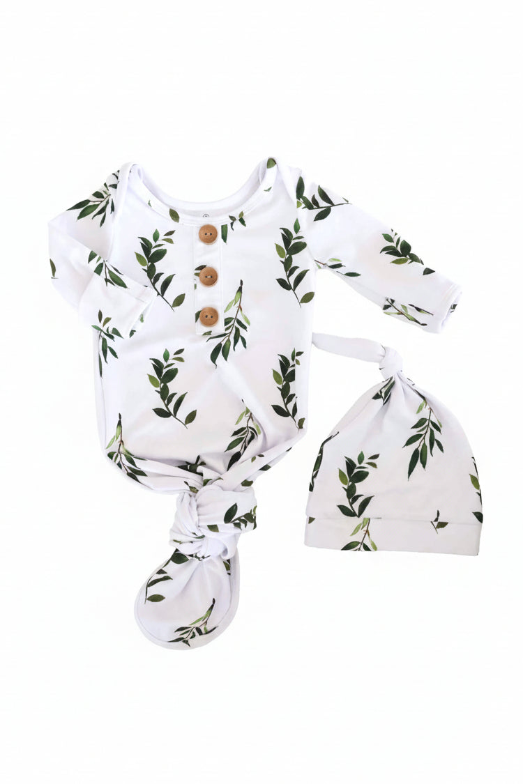 olive leaves print babies knot gown with matching hat