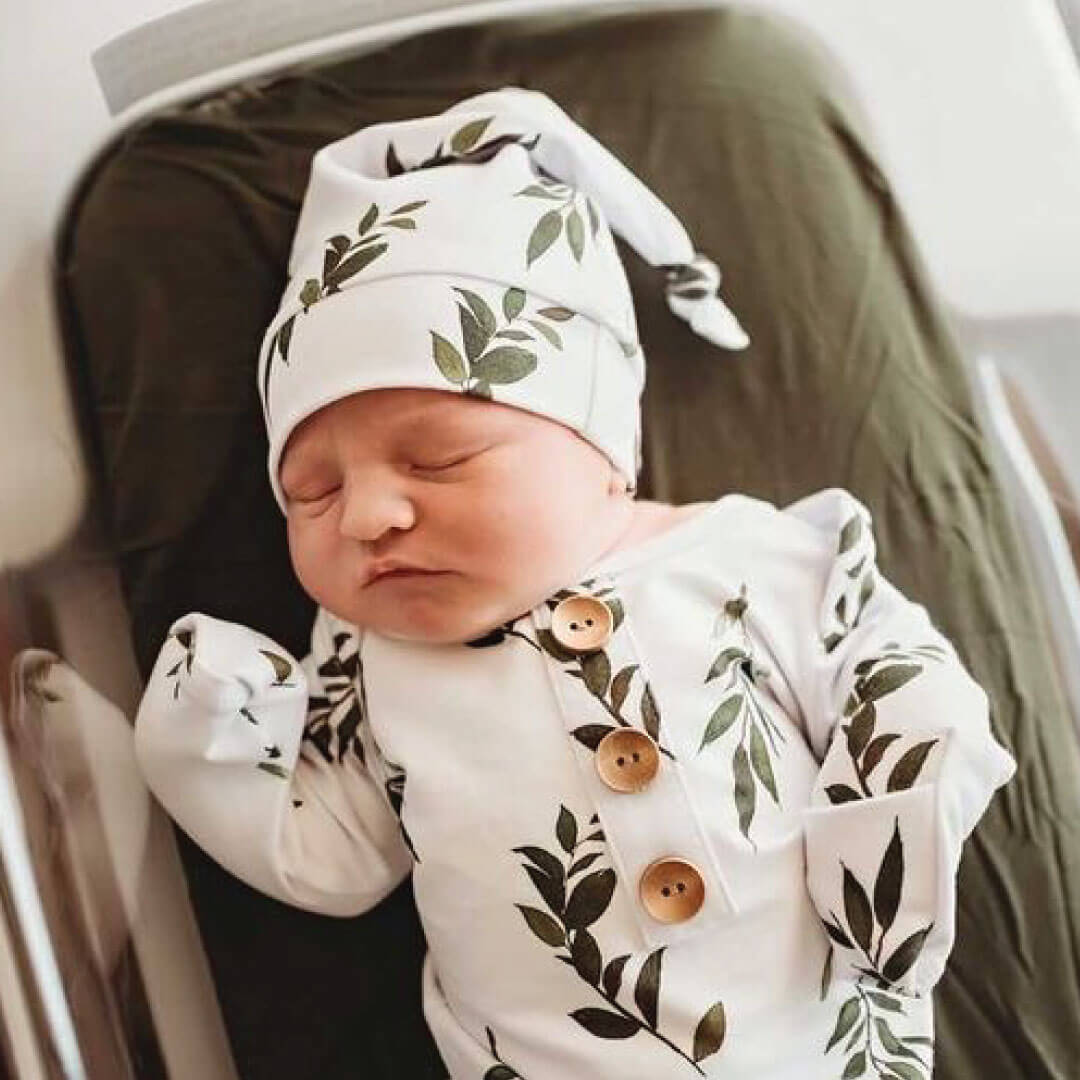 olive leaf newborn baby knot gown and hat set 