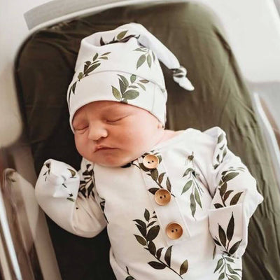 olive leaf newborn knot gown and hat set