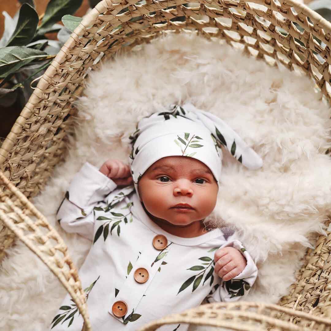 olive leaf newborn knot gown and hat set 