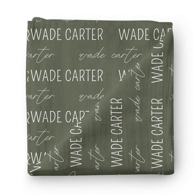 olive personalized swaddle block and script 