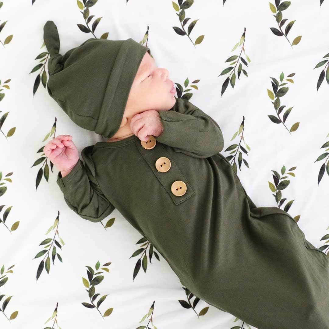 solid olive bamboo baby knot gown and hat set 