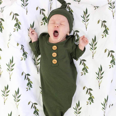 green knot gown for baby with matching hat 