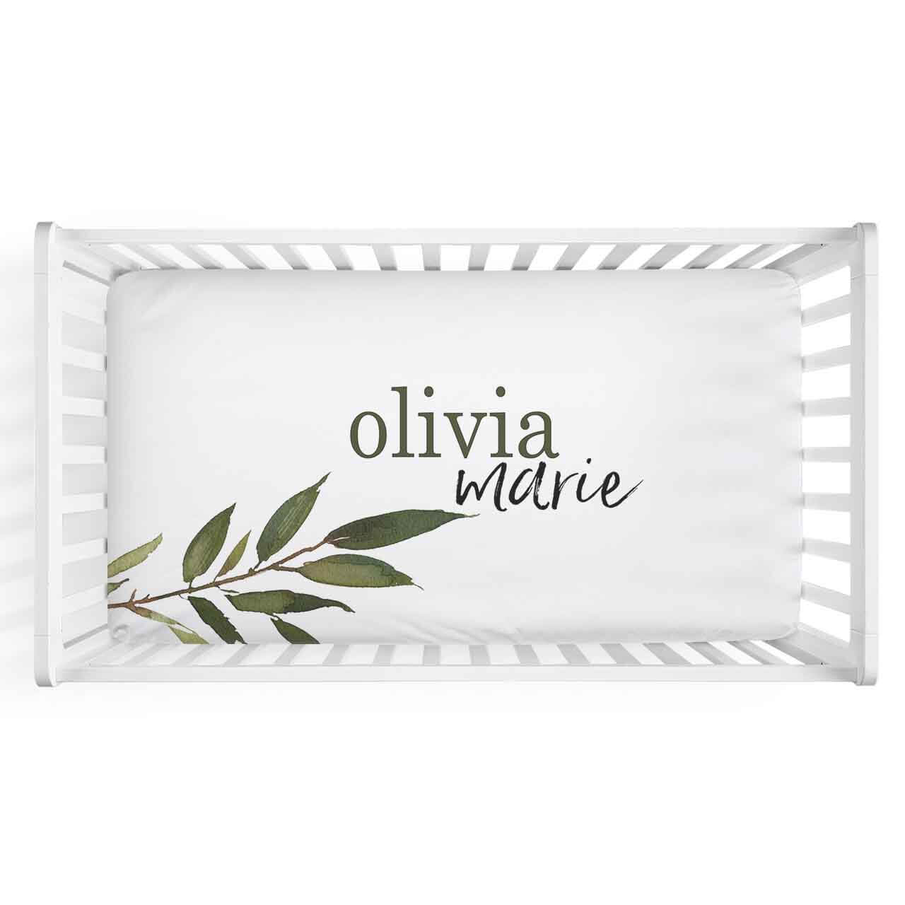 crib sheet personalized with olive branches 