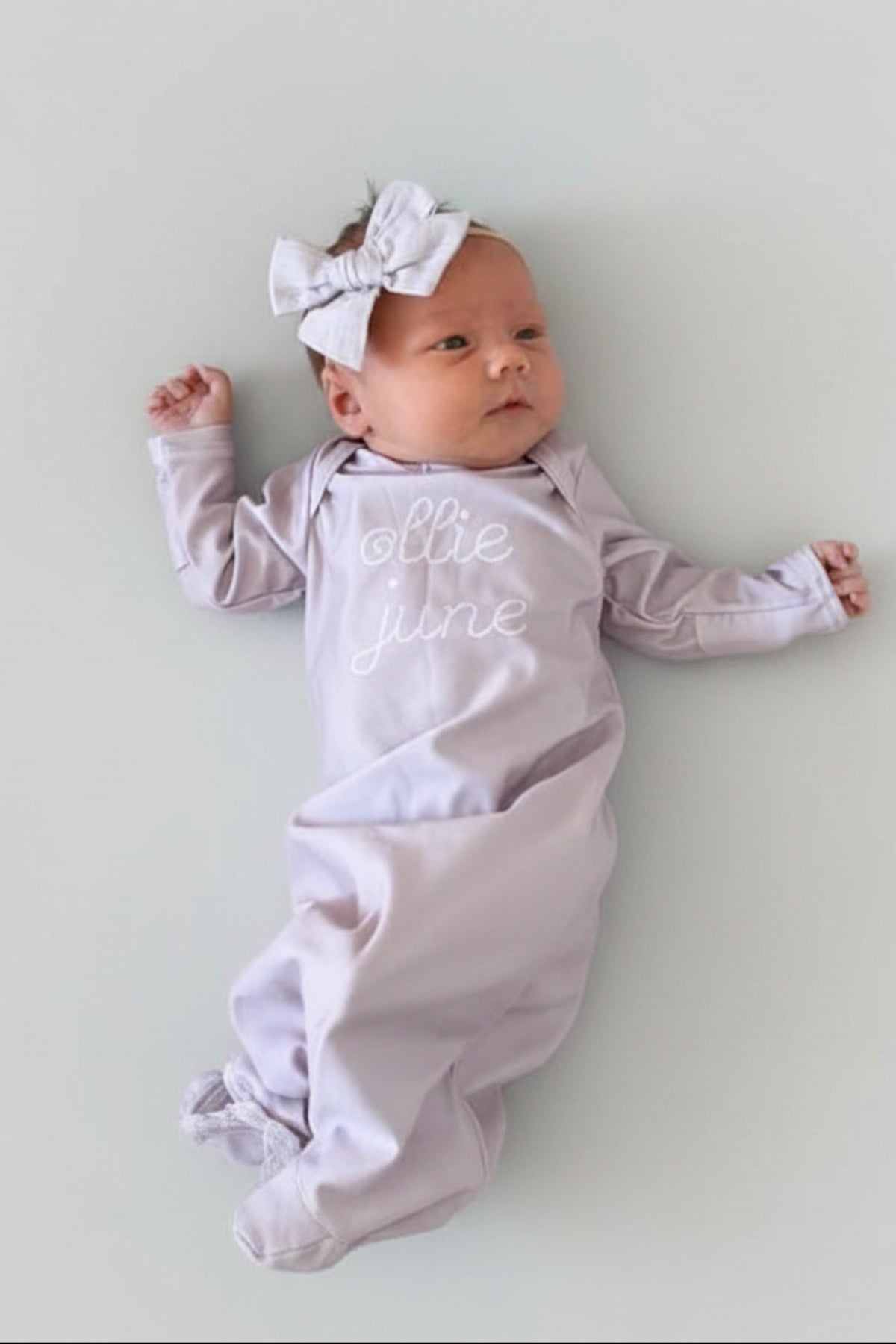 Personalized Stitched Newborn Baby Knot Gown | Lavender Dreams