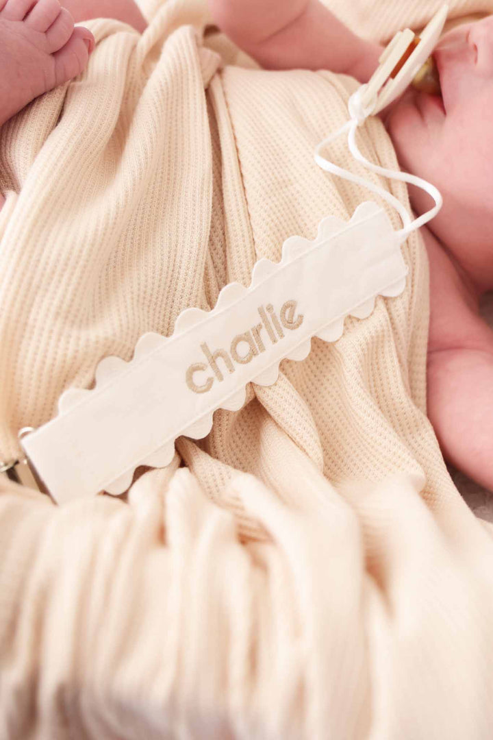 neutral embroidered ric rac pacifier clip for newborn girls 