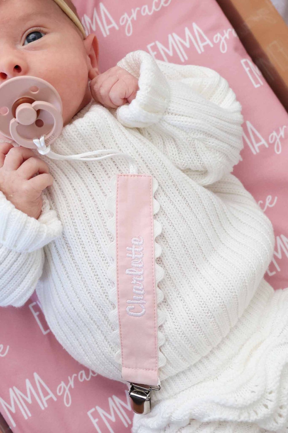 pink embroidered ric rac pacifier clip for baby girls 