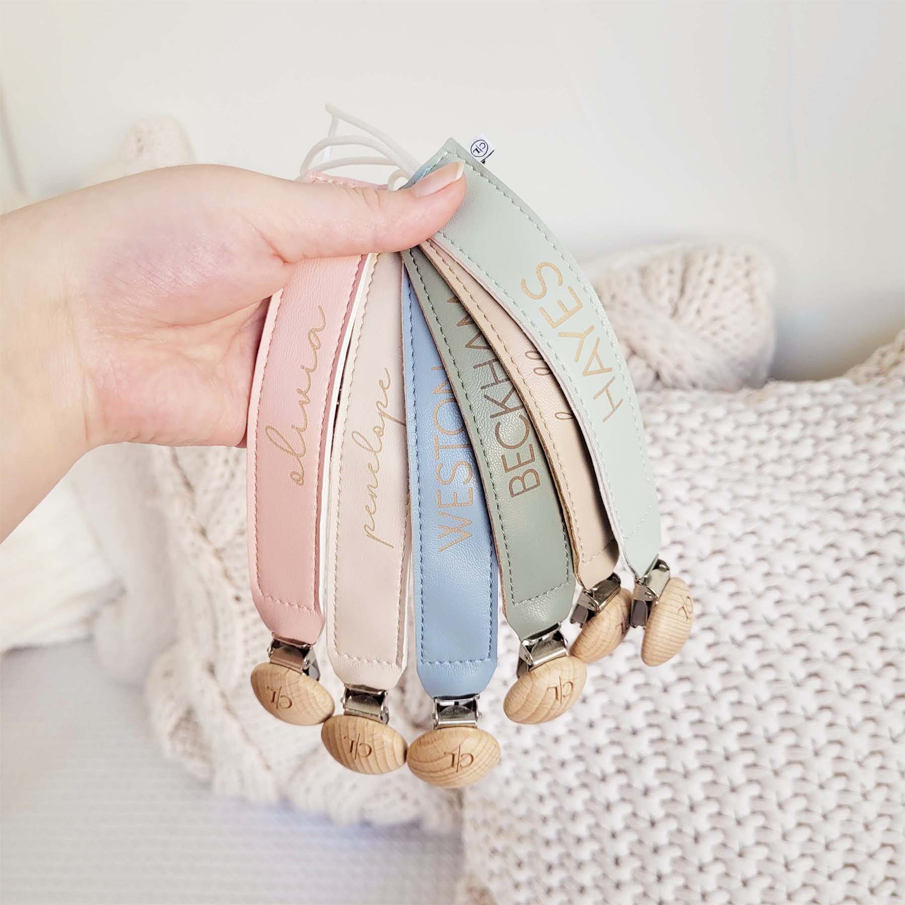 pacifier clips with name made of leather 