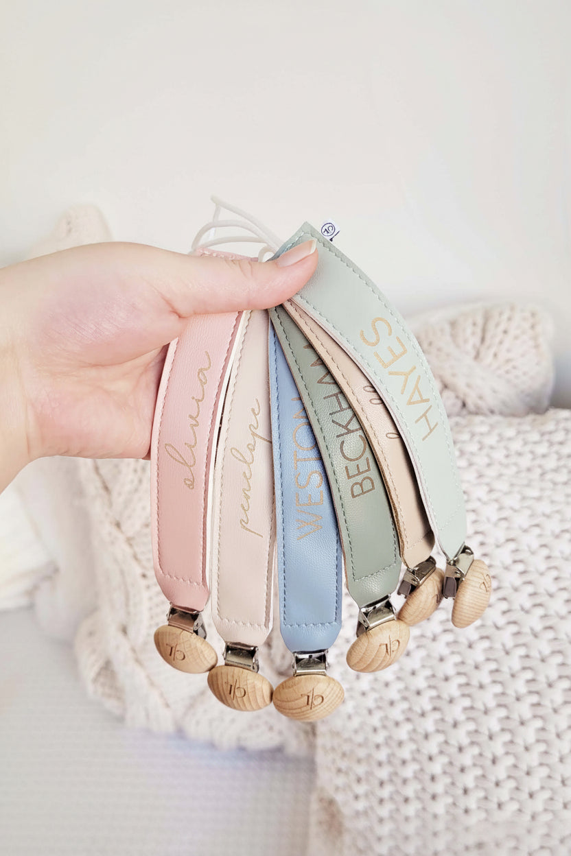 pacifier clips with name made of leather 