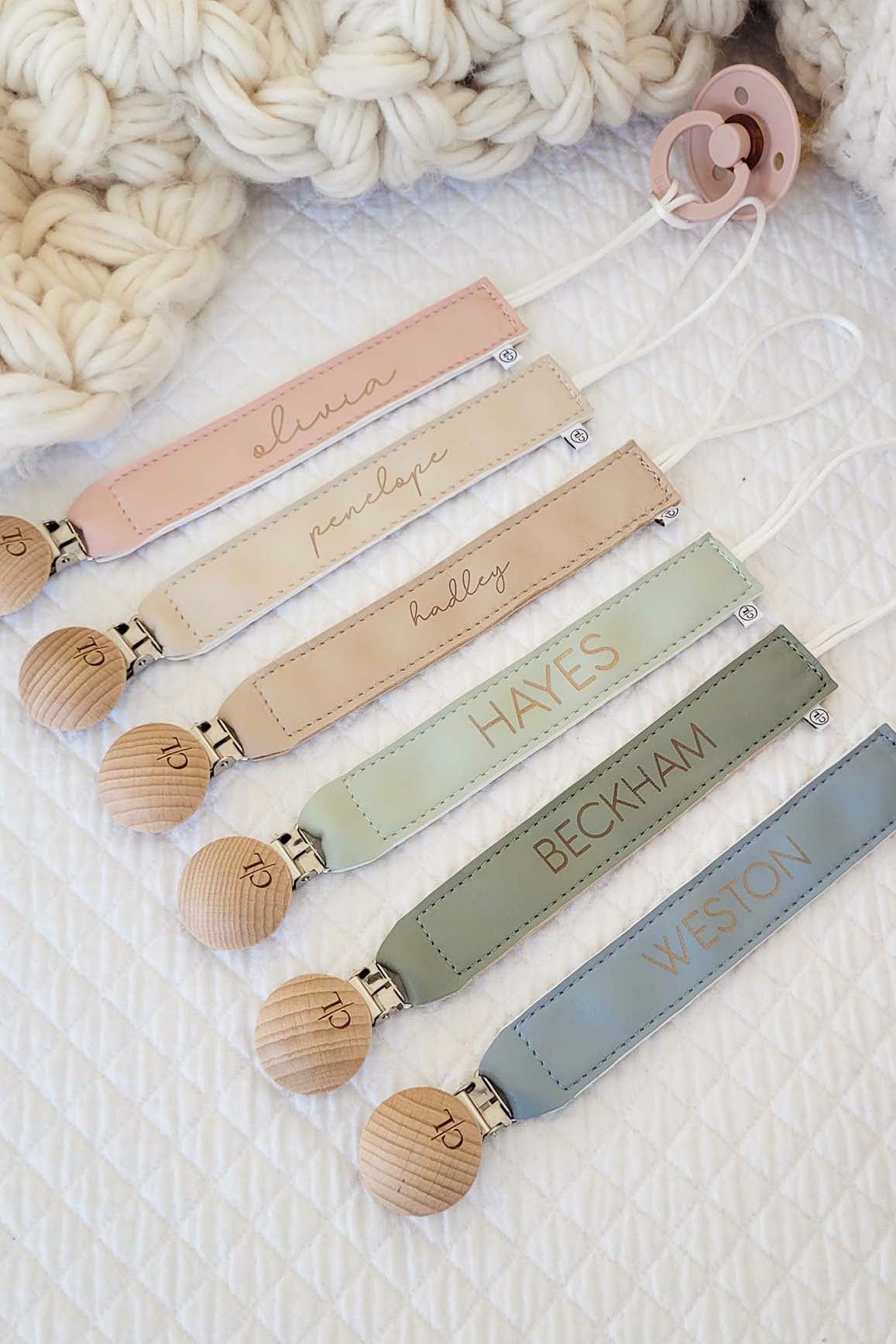 personalized leather paci clips 