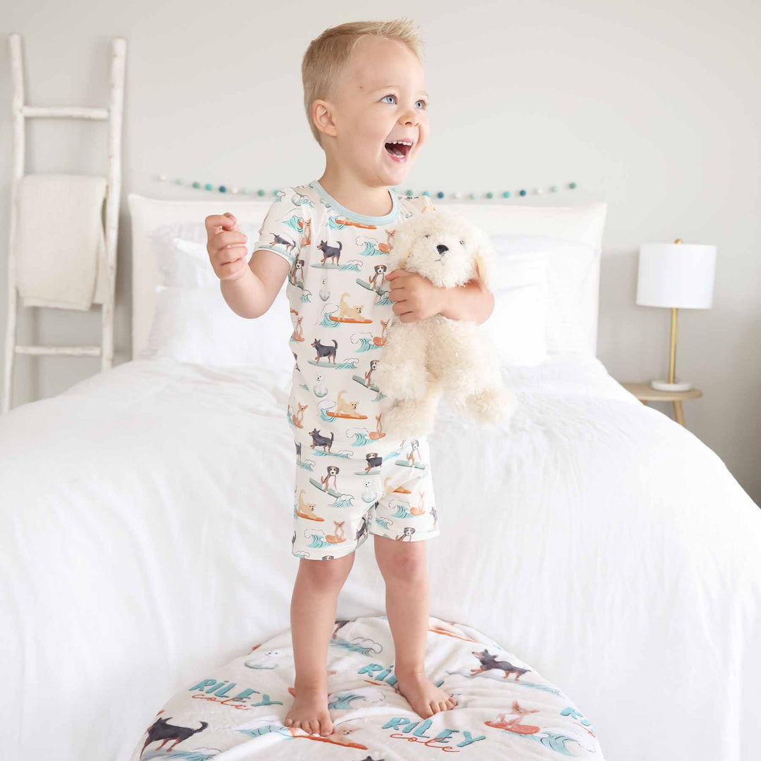 tan, blue and orange surfing dog short sleeve and short bamboo pajama set for boy and girl kids 