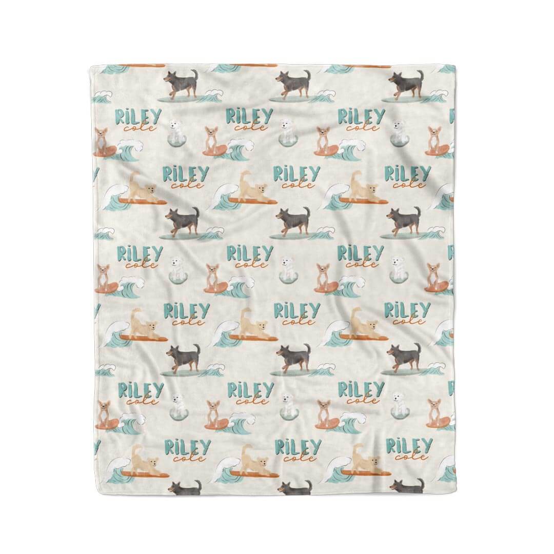 gender neutral surfing dog personalized name blanket for kids 