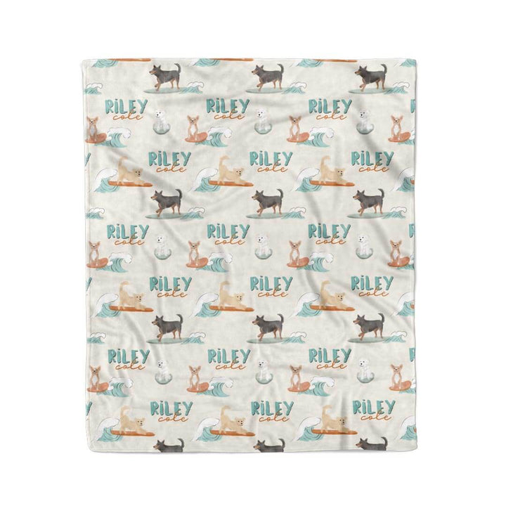 gender neutral surfing dog personalized name blanket for kids 