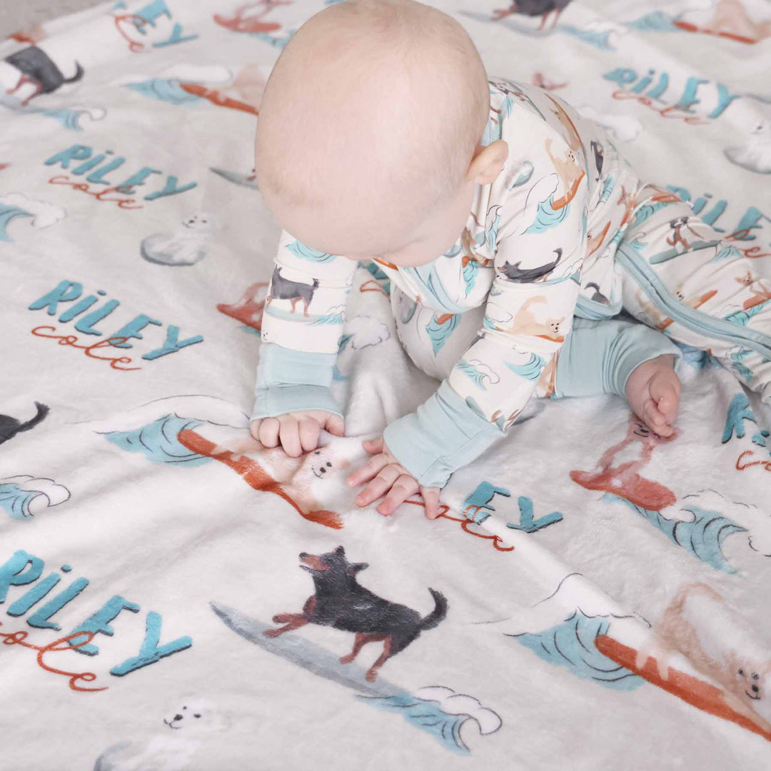 tan surfing dog personalized blanket for kids 
