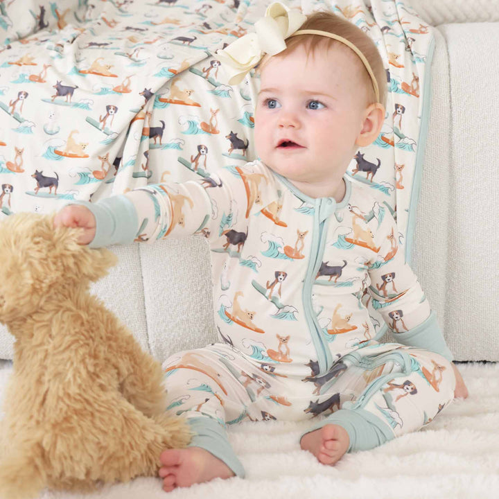 paddle pups surfing dog convertible zip romper pajama for babies and toddlers gender neutral 