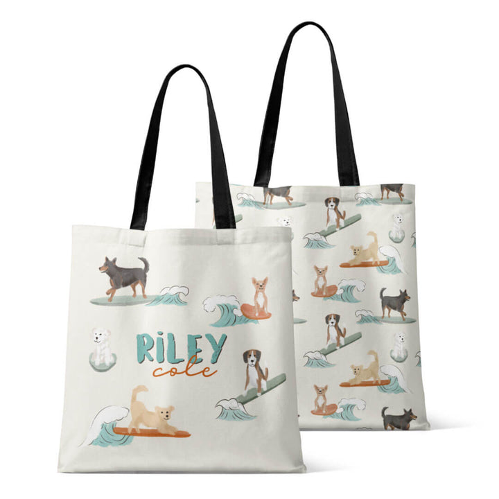surfing dog personalized tote bag for kids 