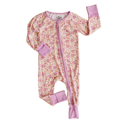 convertible zip romper pajamas for babies pink peonies 