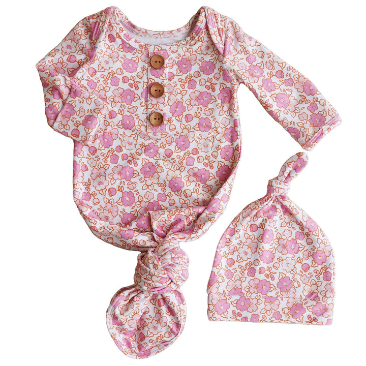 pink peony newborn knot gown and hat set 