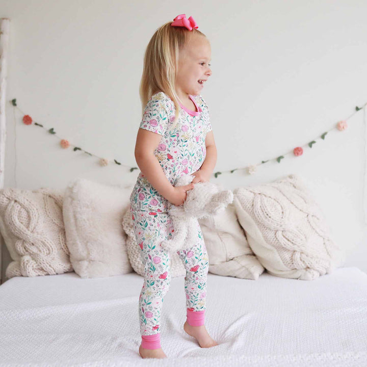 pink and yellow floral bamboo pajama set for kids 