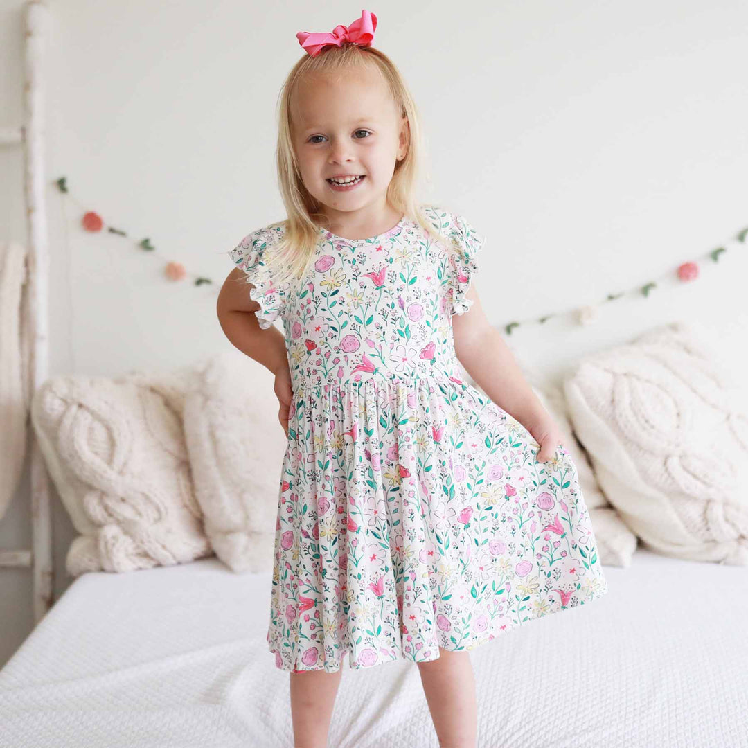 multicolor floral short sleeve ruffle twirl dress for kids 