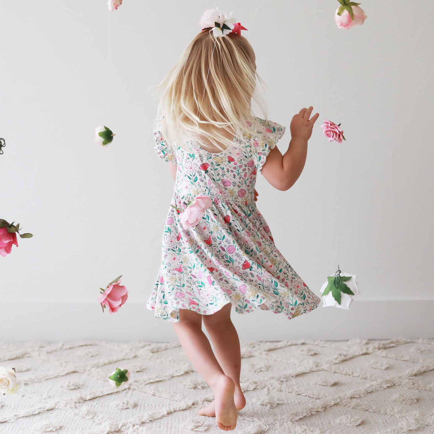 pink and yellow floral casual dress for girls 