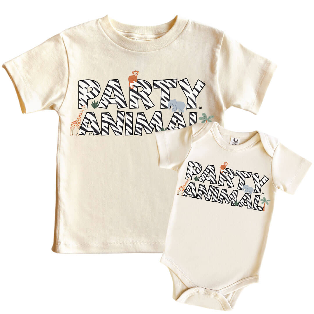 Party Animal Graphic Bodysuit & Kids Tee | Natural