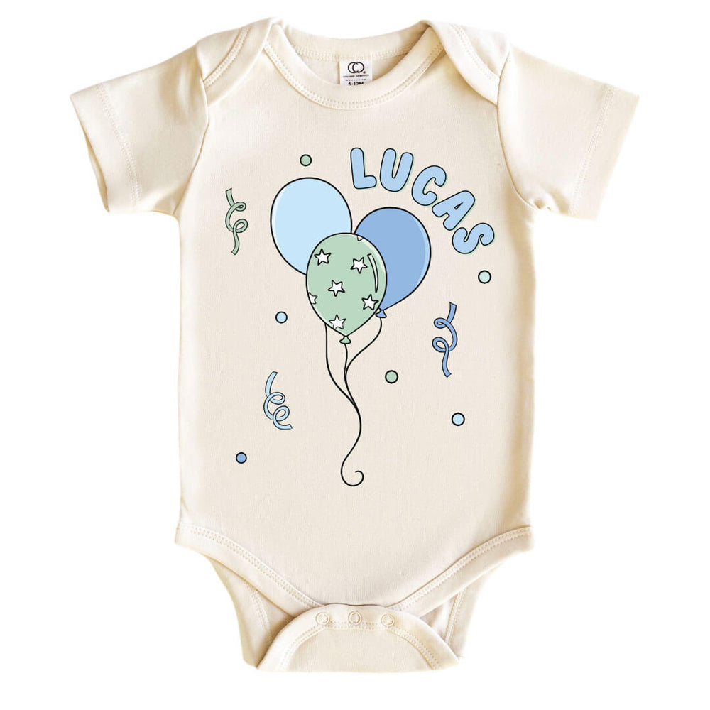 blue and green balloon personalized graphic bodysuit for boys 