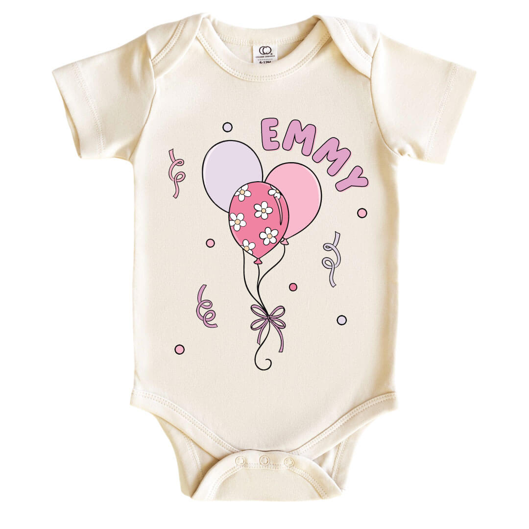 pink party balloon personalized bodysuit for girls 