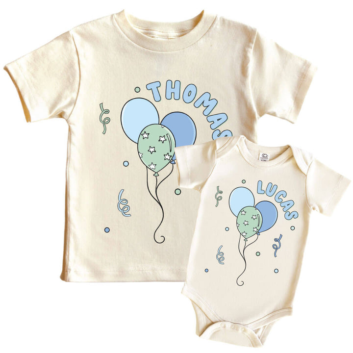 blue and green balloon personalized graphic tee and bodysuit for kids 