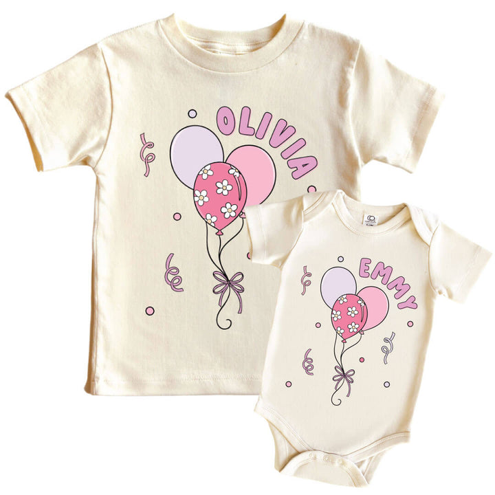 pink balloon personalized graphic tee and bodysuits 