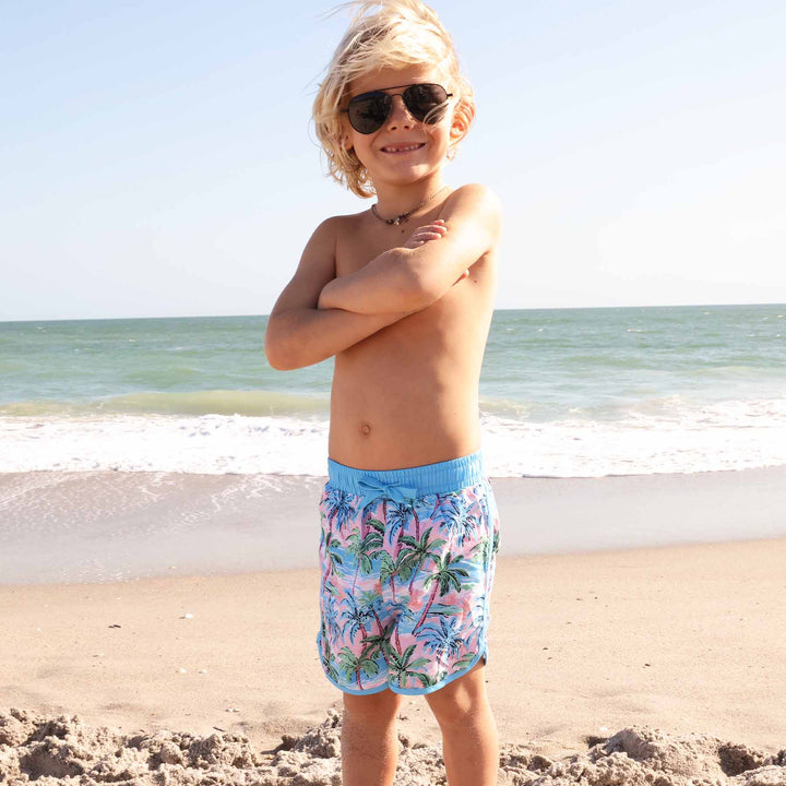 boy's swim trunks with palm trees