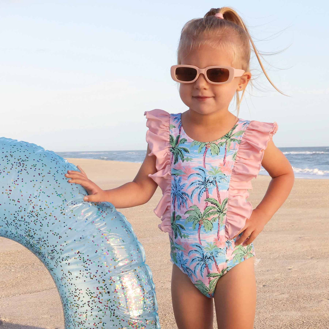 pastel palms double ruffle one piece