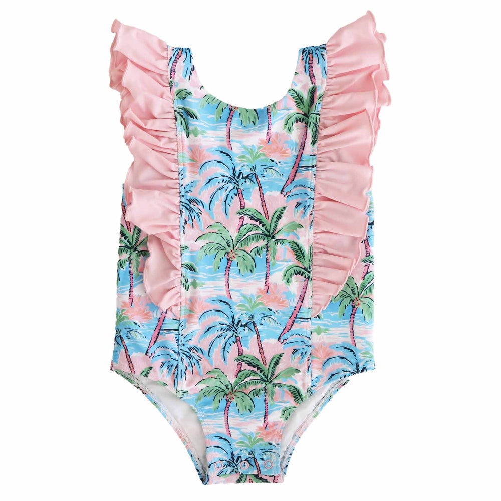 double ruffle one piece pastel palms 