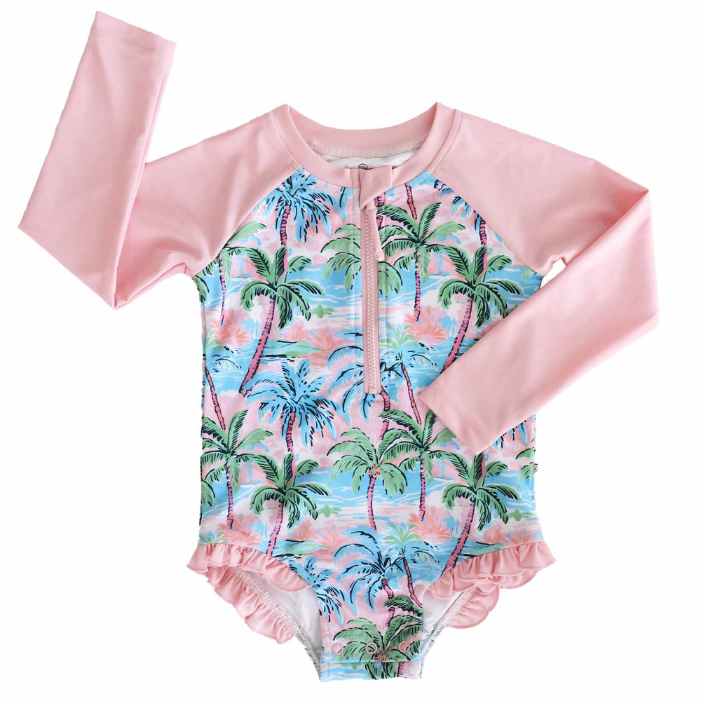 girls long sleeve rash guard swimsuit with palm trees