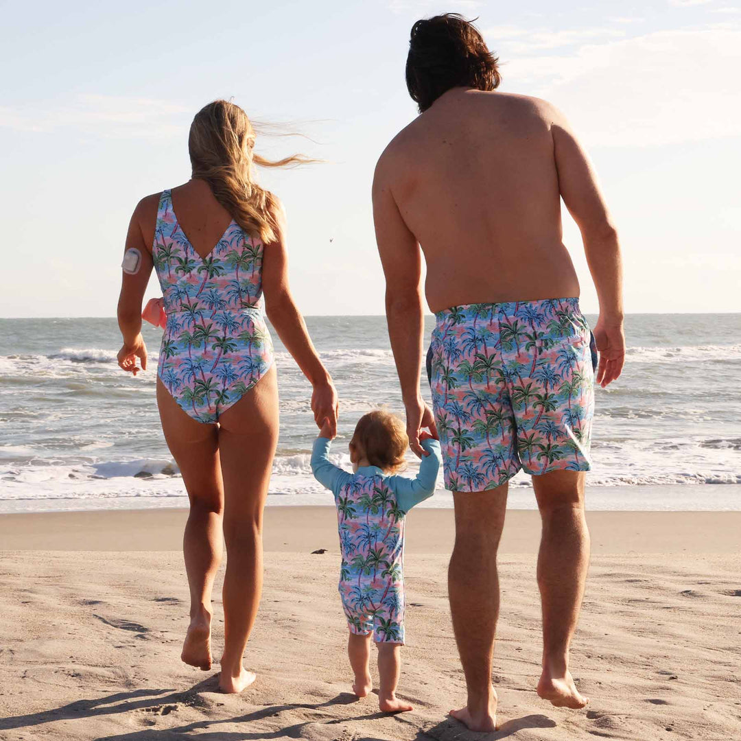 matching family swimsuit men's swim trunks with palm trees