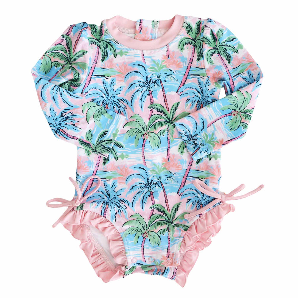 ruffle bottom swimsuit for babies with long sleeves pastel palm trees