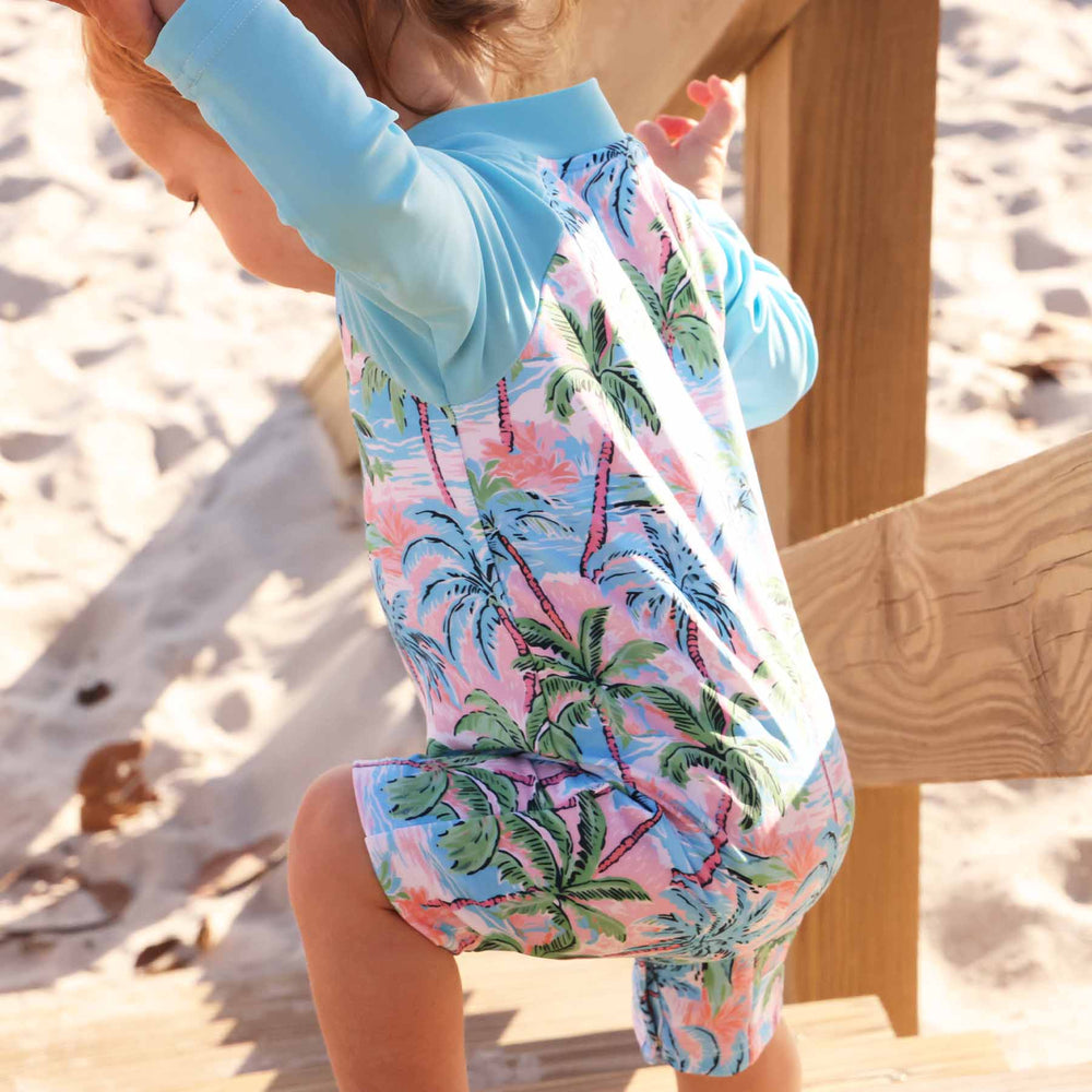 pastel palm tree swim romper shortie long sleeve with zipper 