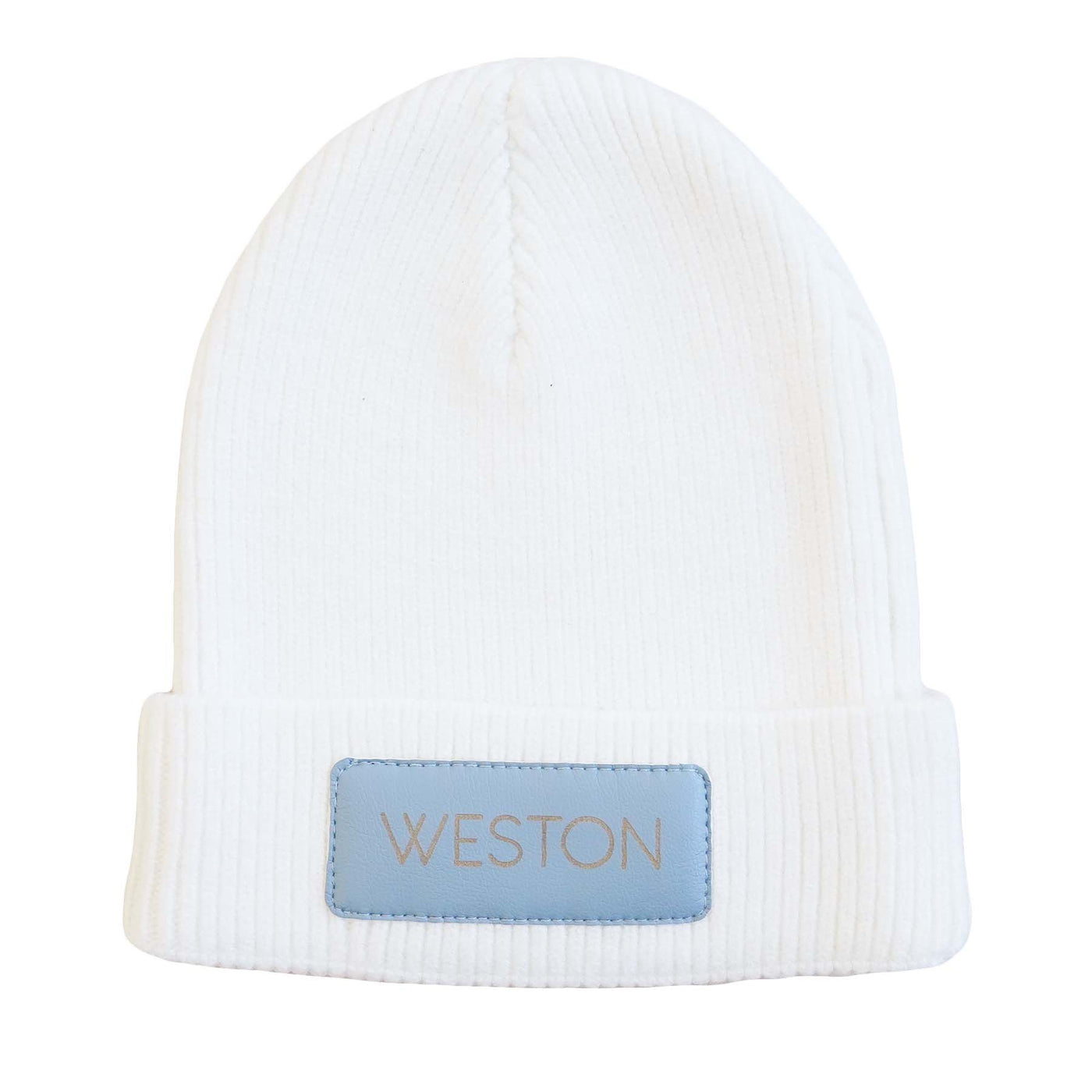 blue personalized leather patch beanie 