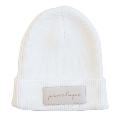 taupe personalized leather patch beanie 