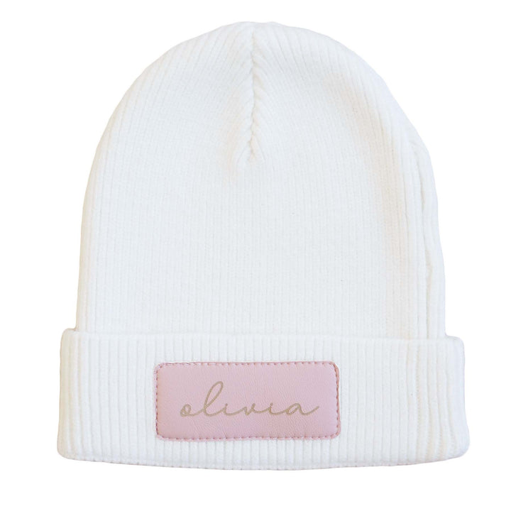 mauve personalized leather patch beanie 