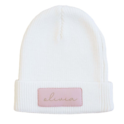 mauve personalized leather patch beanie 